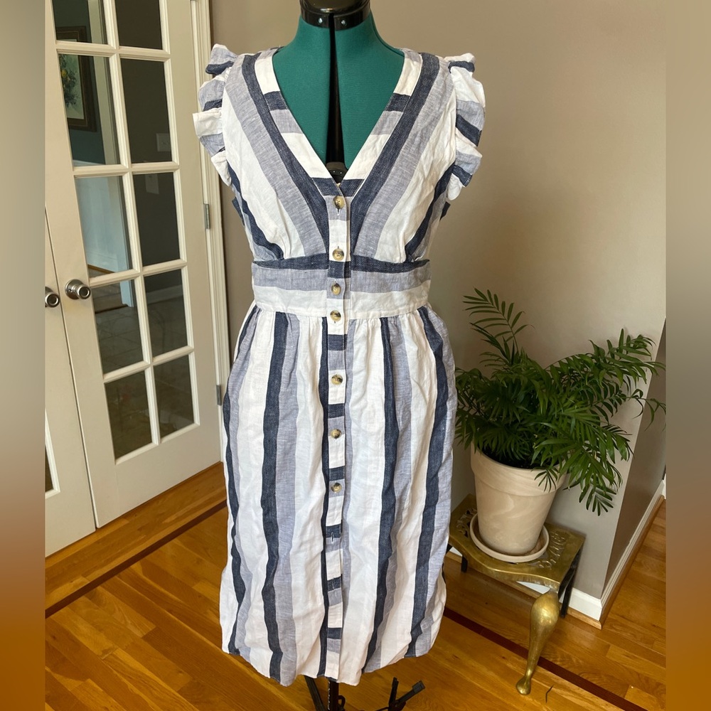 J. Crew Point Sur Striped Blue and White Button-Down Linen Dress